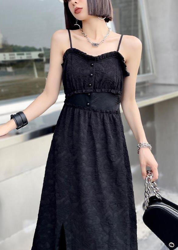 Art Black Summer Ruffled Button Cotton Maxi Dress - Omychic