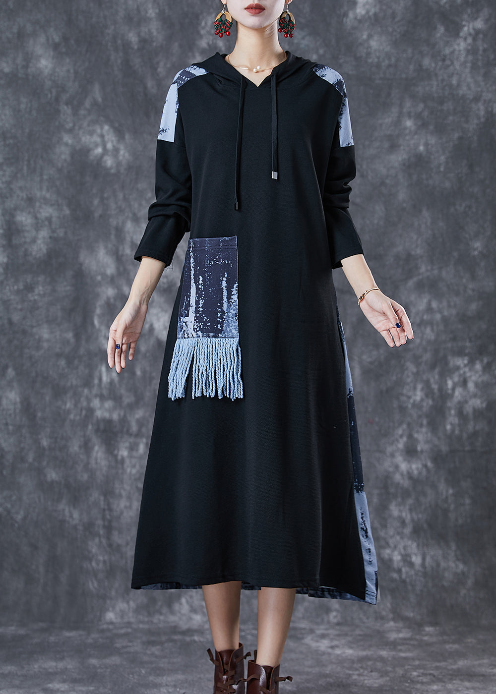 Art Black Tasseled Patchwork Tie Dye Cotton Loose Sweatshirt Dress Fall