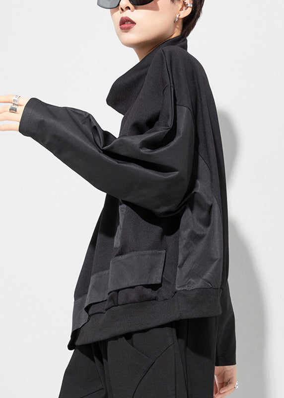 Unique Black Bat Wing Sleeve Button Pockets Fall Patchwork Hollow Out Shirt Top