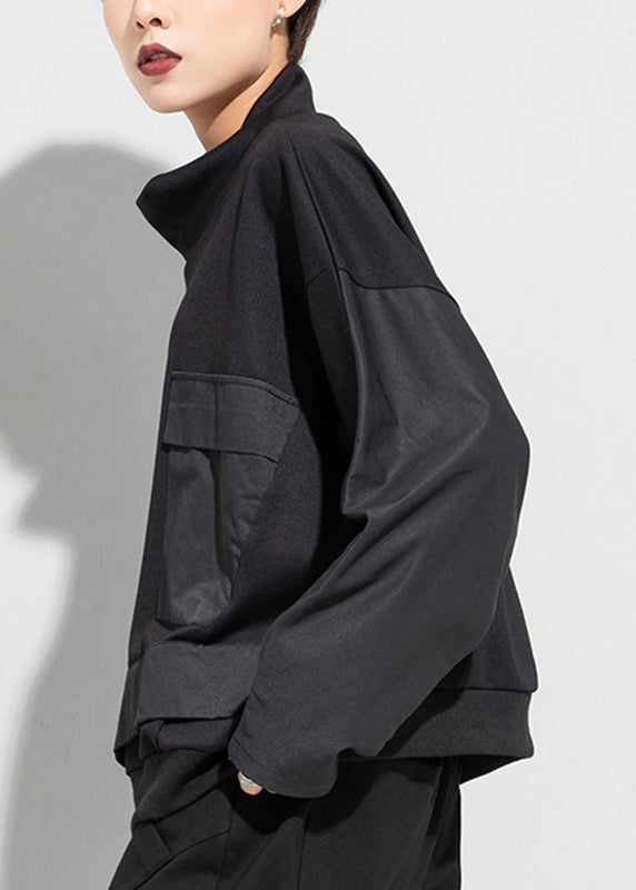 Art Black Turtleneck Patchwork Pockets Pullover Batwing Sleeve