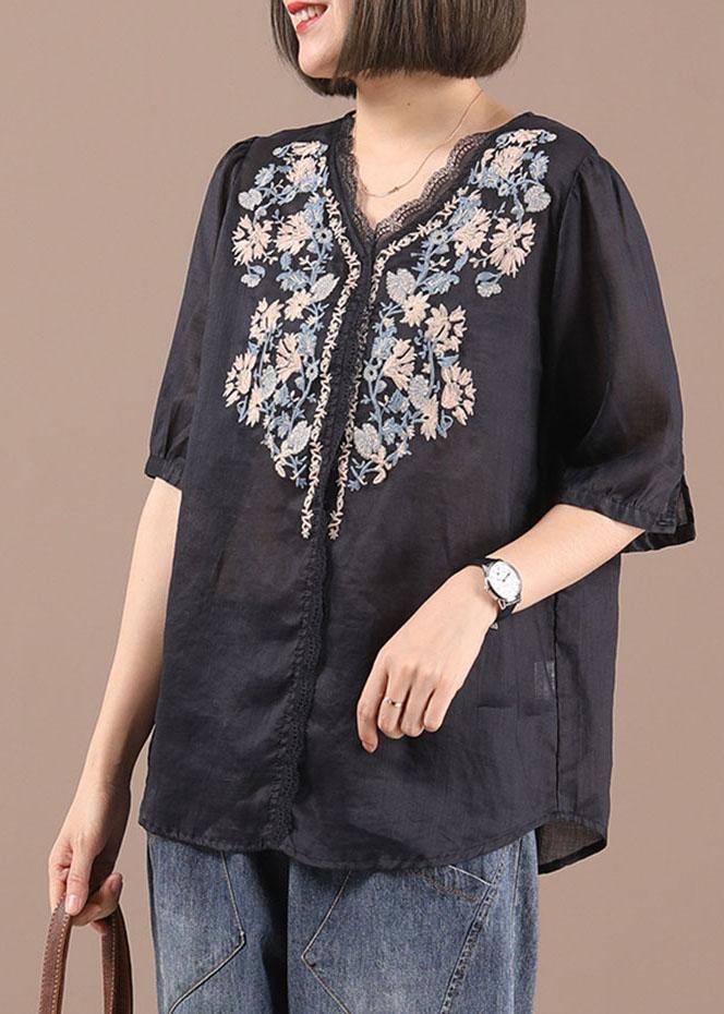 Art Black V Neck Casual Embroideried Summer Silk Blouse Half Sleeve - Omychic