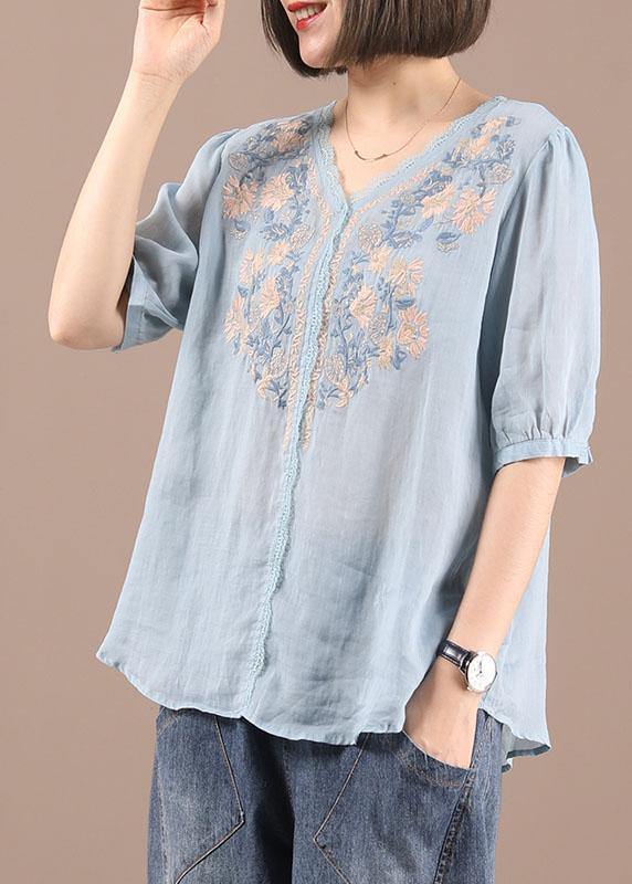 Art Black V Neck Casual Embroideried Summer Silk Blouse Half Sleeve - Omychic