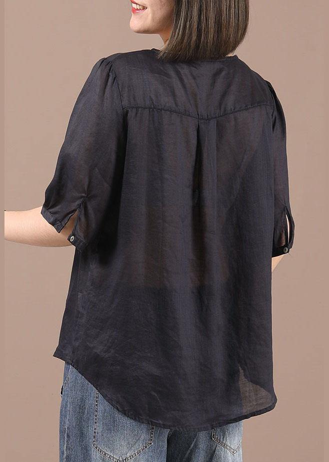 Art Black V Neck Casual Embroideried Summer Silk Blouse Half Sleeve - Omychic