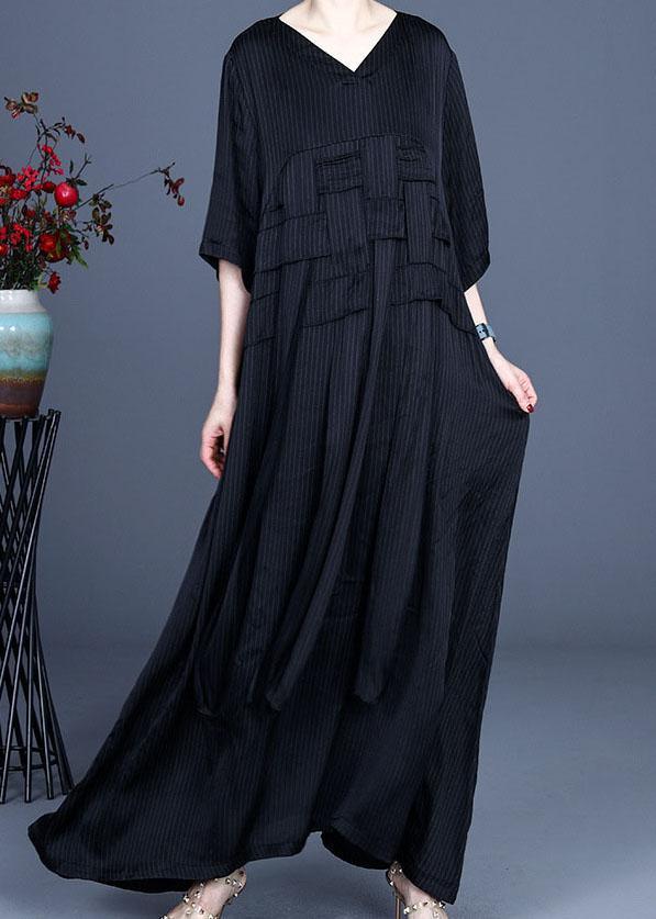 Art Black V Neck Patchwork Silk Dresses Half Sleeve - Omychic