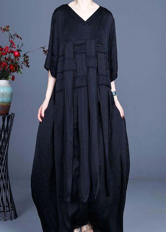Art Black V Neck Patchwork Silk Dresses Half Sleeve - Omychic