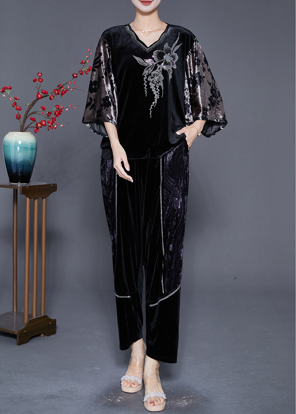 Art Black V Neck Patchwork Zircon Silk Velour Two Pieces Set Batwing Sleeve