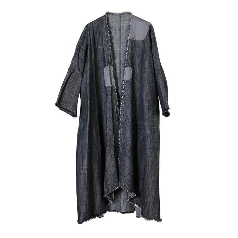 Art Black V Neck Pockets Patchwork Fall Asymmetrical Design Coats Long Sleeve - Omychic