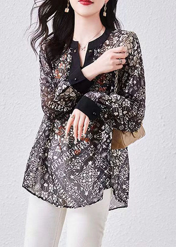 Art Black V Neck Print Patchwork Chiffon Shirts Top Long Sleeve