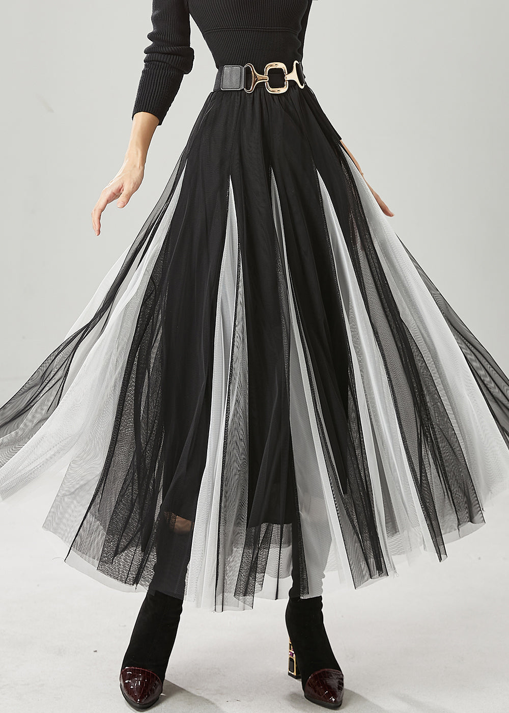 Art Black White Patchwork Tulle Pleated Skirts Spring