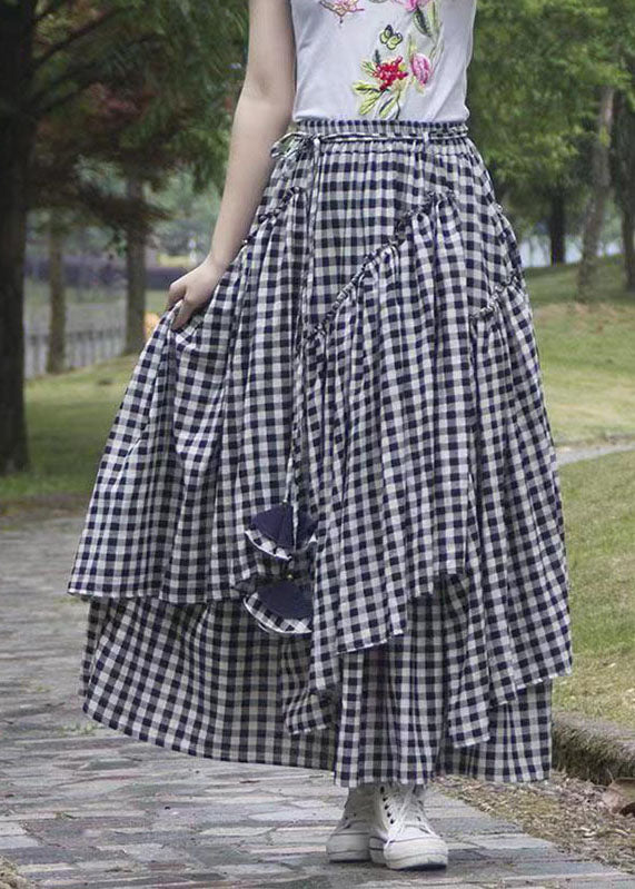 Art Black White Plaid Ruffled Patchwork Tie Waist A Line Skirt Summer