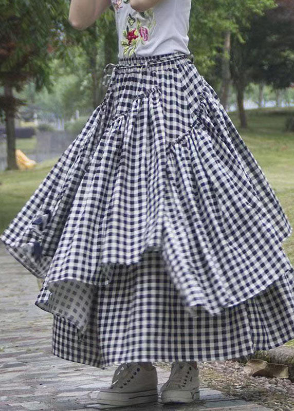 Art Black White Plaid Ruffled Patchwork Tie Waist A Line Skirt Summer