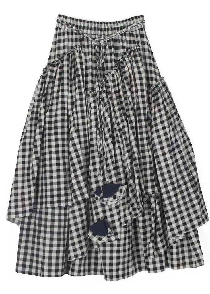 Art Black White Plaid Ruffled Patchwork Tie Waist A Line Skirt Summer