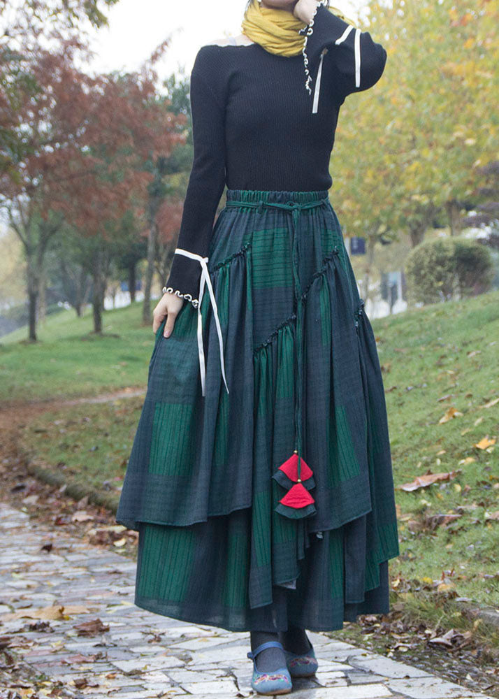 Art Blackish Green Plaid Wrinkled Asymmetrical Patchwork Cotton Skirt Fall