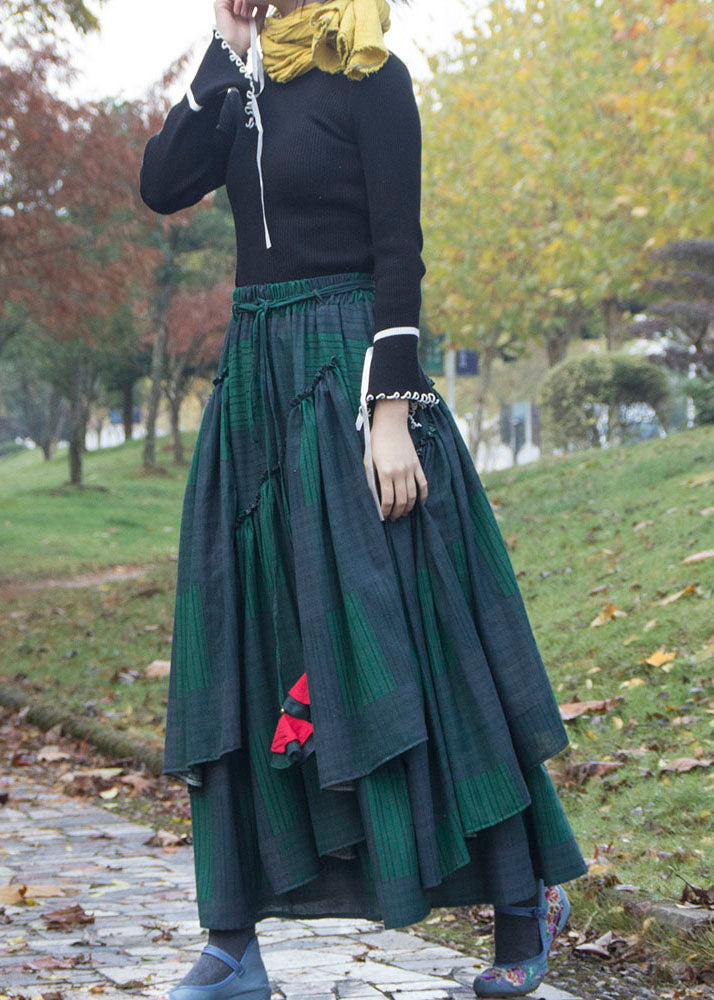 Art Blackish Green Plaid Wrinkled Asymmetrical Patchwork Cotton Skirt Fall