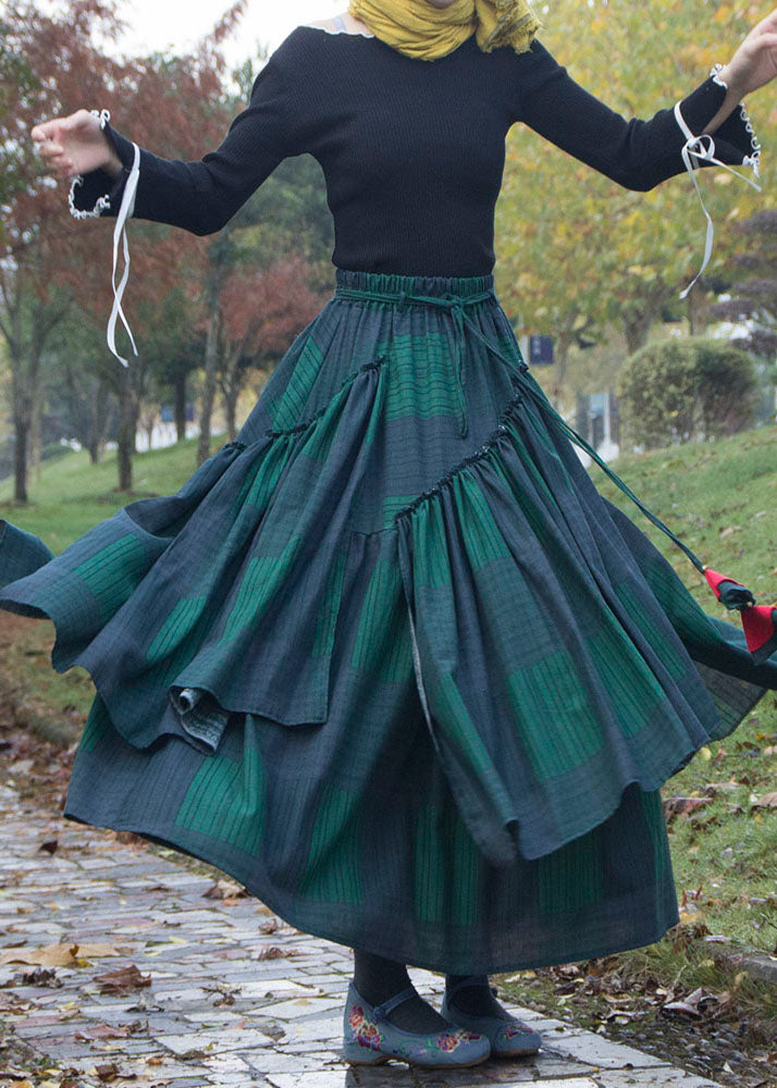 Art Blackish Green Plaid Wrinkled Asymmetrical Patchwork Cotton Skirt Fall