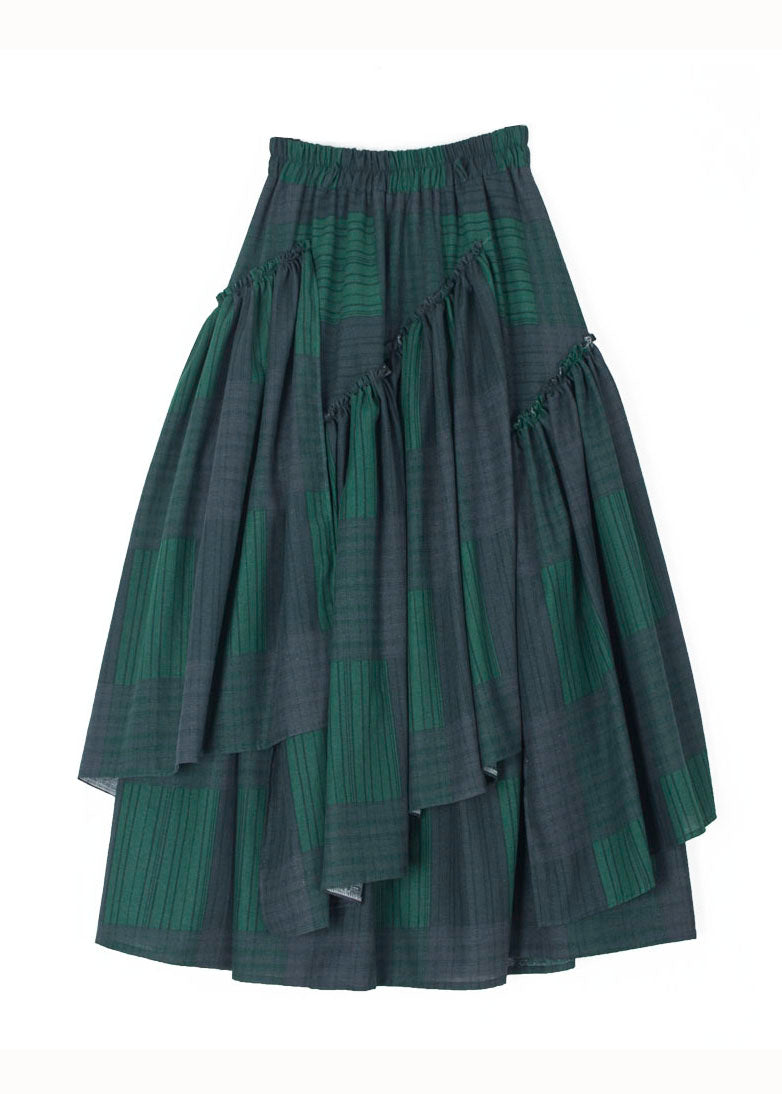 Art Blackish Green Plaid Wrinkled Asymmetrical Patchwork Cotton Skirt Fall