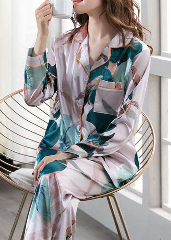 Art Blackish Green Print Ice Silk Two Pieces Set Pajamas Summer