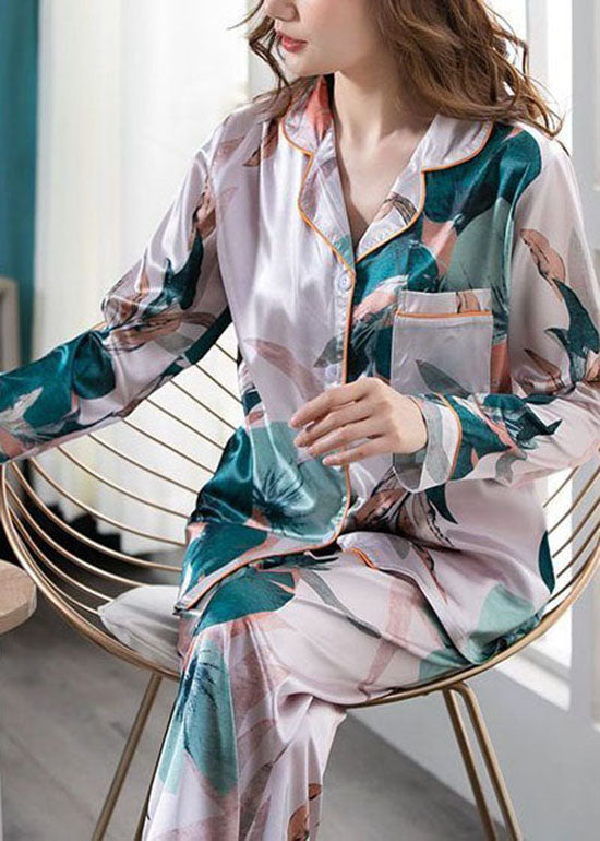 Art Blackish Green Print Ice Silk Two Pieces Set Pajamas Summer