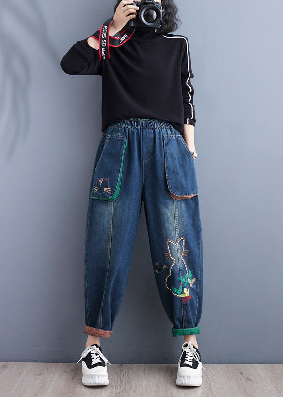 Art Blue Cartoon Embroidered Pockets Elastic Waist Denim Pants Spring