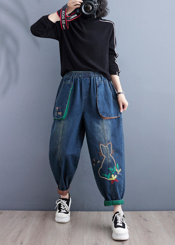 Art Blue Cartoon Embroidered Pockets Elastic Waist Denim Pants Spring