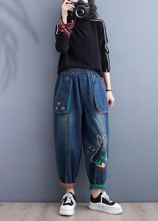 Art Blue Cartoon Embroidered Pockets Elastic Waist Denim Pants Spring