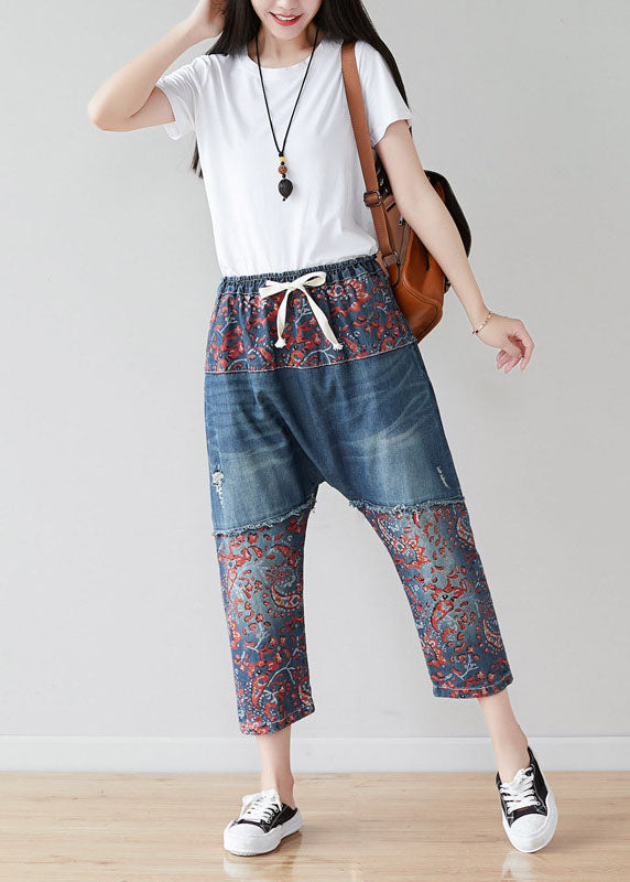 Art Blue Elastic Waist Patchwork Print Cotton Ripped Jeans Spring