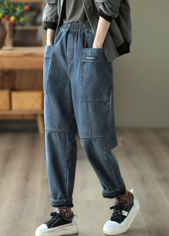 Art Blue Elastic Waist Patchwork Thick Warm Fleece Denim Pants Trousers Winter