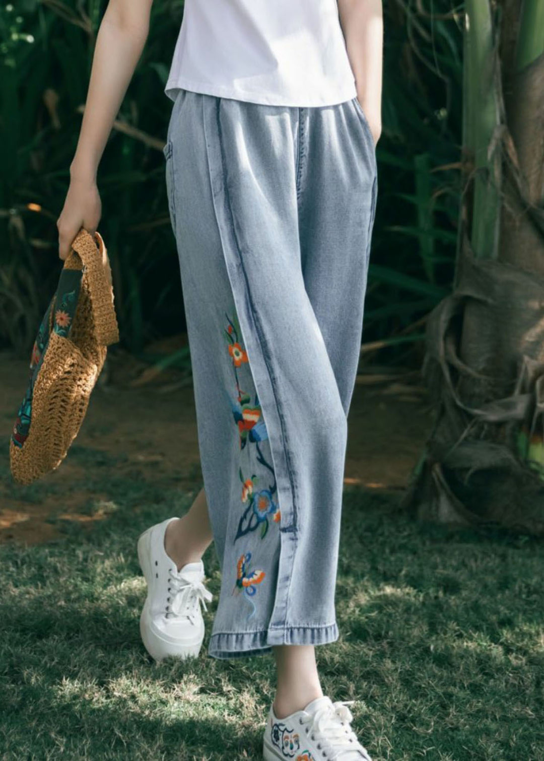 Art Blue Embroidered Pockets Patchwork Denim Wide Leg Pants Summer