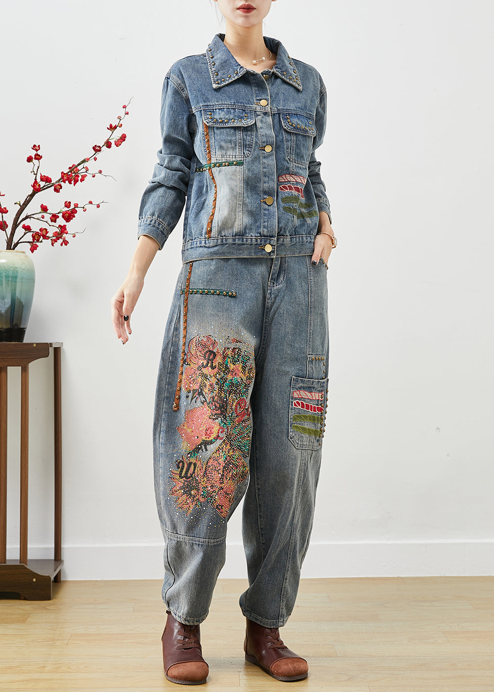 Art Blue Embroidered Print Rivet Denim Two Pieces Set Fall