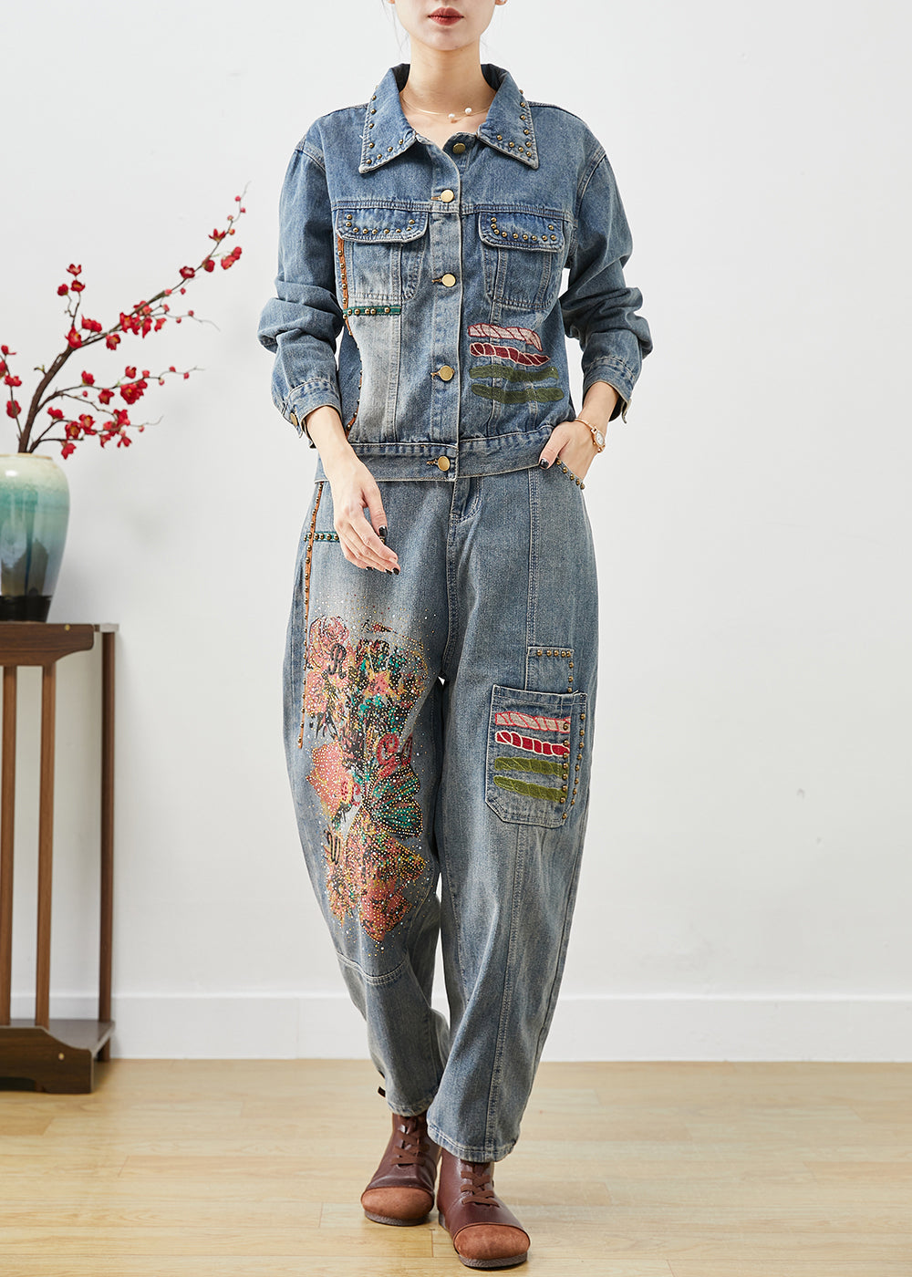 Art Blue Embroidered Print Rivet Denim Two Pieces Set Fall