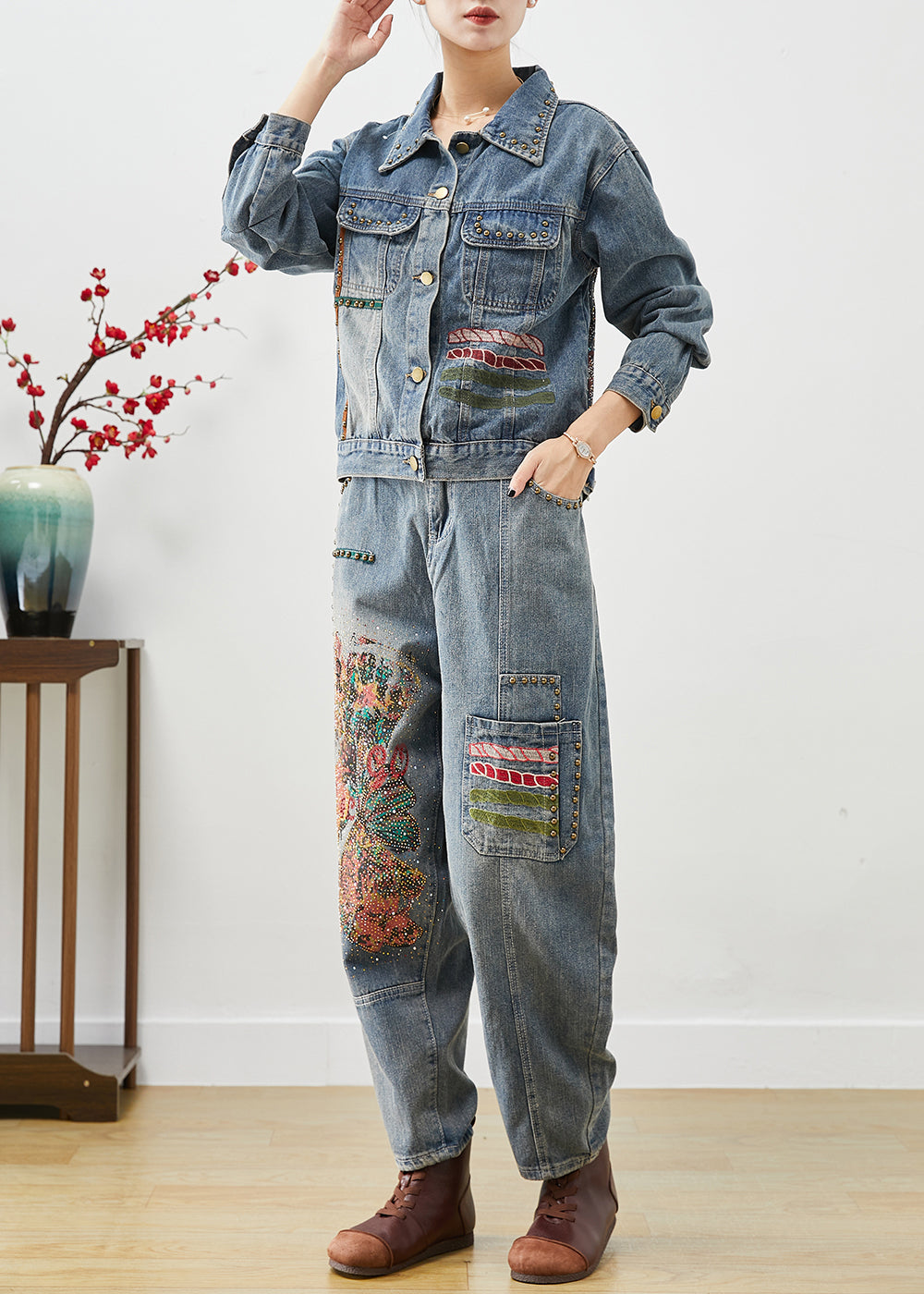 Art Blue Embroidered Print Rivet Denim Two Pieces Set Fall