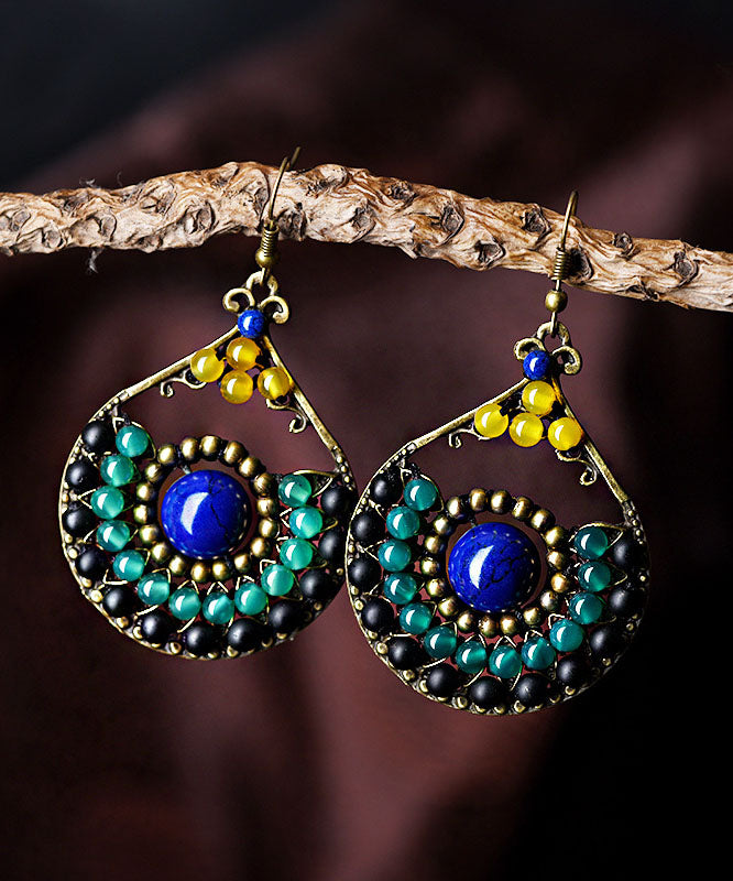 Art Blue Gem Stone Yellow Agate Copper Drop Earrings