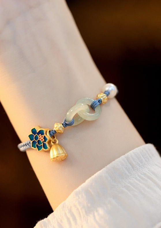 Art Blue Hand Woven Copper Overgild Ping Buckle Pearl Lotus Chain Bracelet