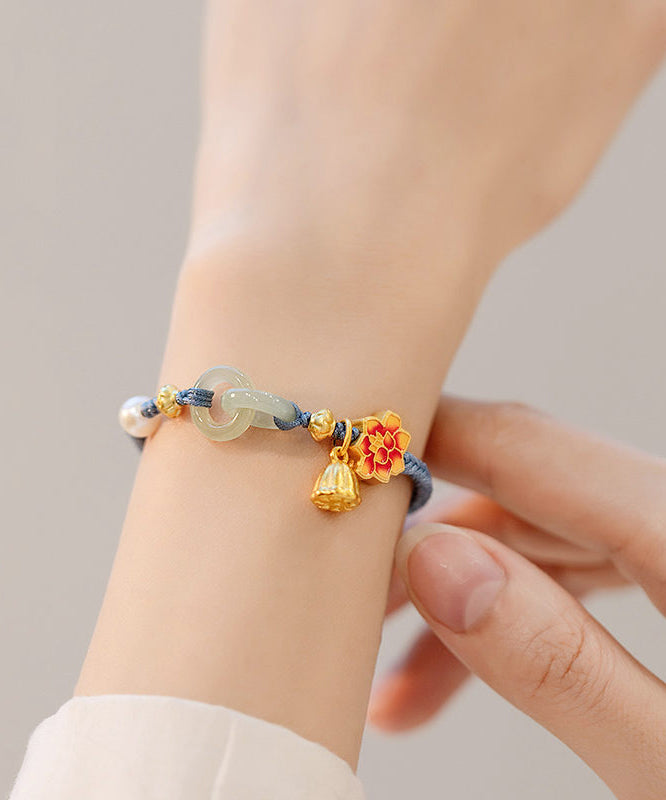 Art Blue Hand Woven Copper Overgild Ping Buckle Pearl Lotus Chain Bracelet