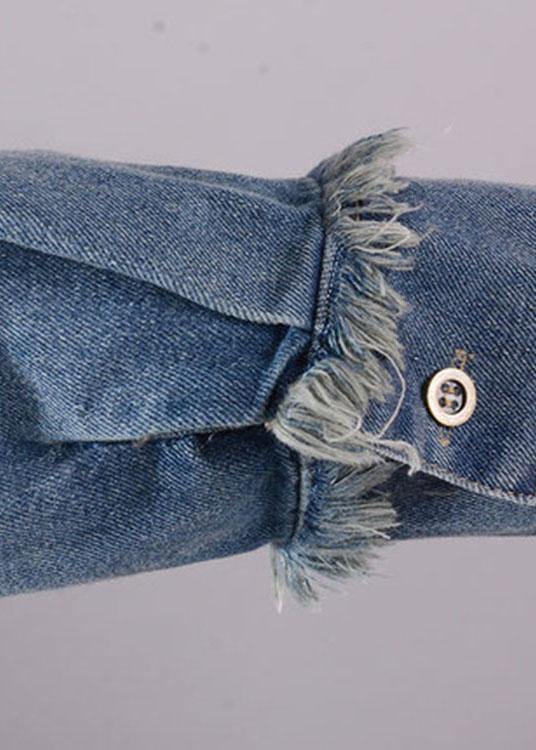 Art Blue O-Neck Pockets Button Denim Fall Long sleeve Dress - Omychic