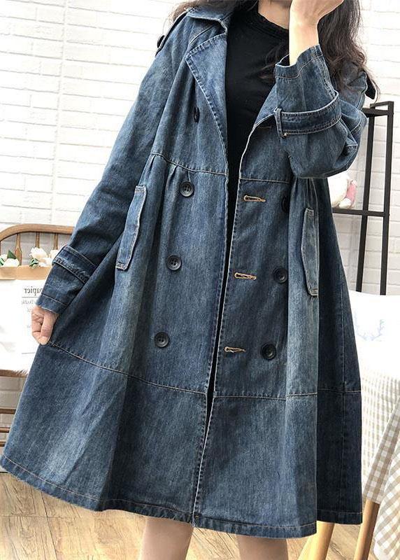 Art Blue Peter Pan Collar Pockets Button Fall Denim Trench Coats Coat - Omychic