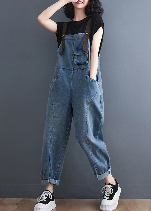 Art Blue Pockets Patchwork Denim Strap Jumpsuits Spring