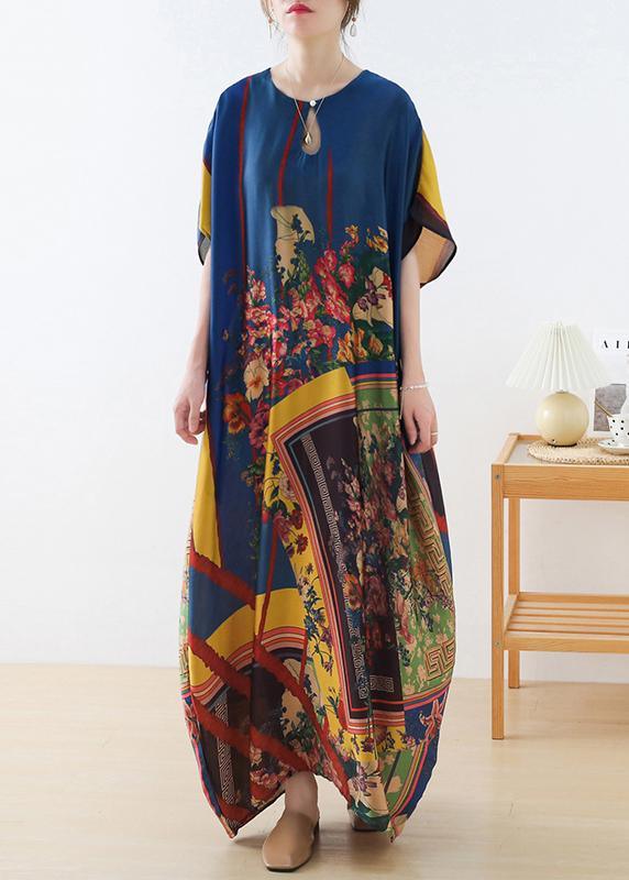 Art Blue Print Loose Asymmetrical Design Vacation Summer Chiffon Dress - Omychic