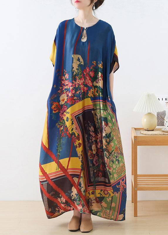 Art Blue Print Loose Asymmetrical Design Vacation Summer Chiffon Dress - Omychic