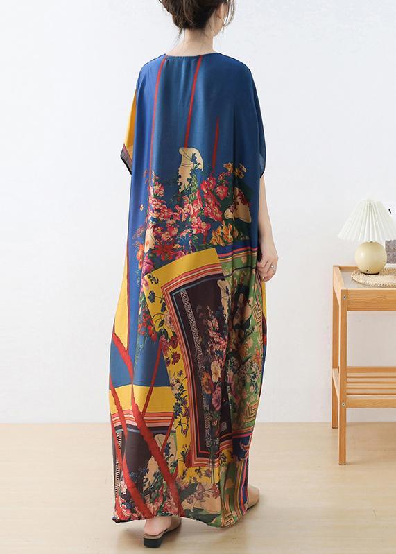 Art Blue Print Loose Asymmetrical Design Vacation Summer Chiffon Dress - Omychic