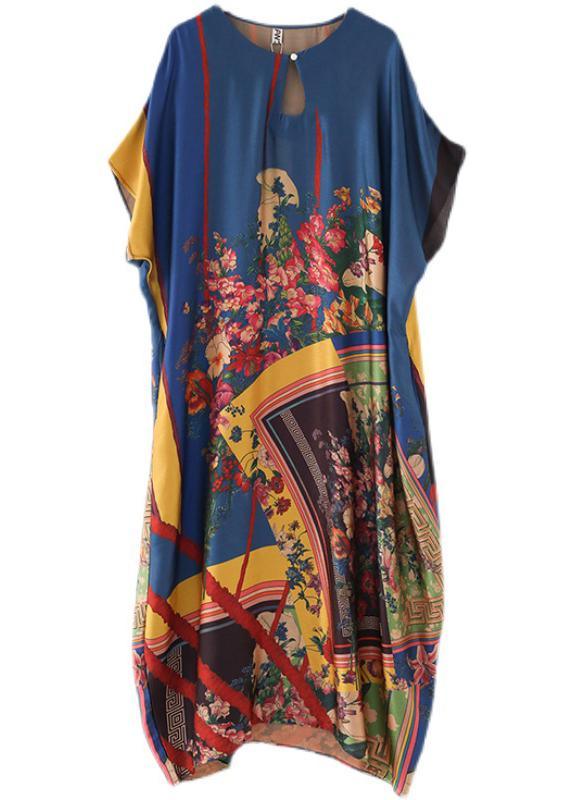 Art Blue Print Loose Asymmetrical Design Vacation Summer Chiffon Dress - Omychic