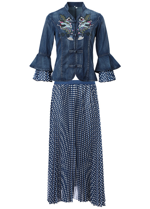 Art Blue Stand Collar Embroidered Denim Coats Flare Sleeve And Dot Print Chiffon Skirts Two Piece Set Women Clothing