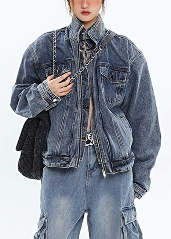 Art Blue Stand Collar Patchwork Zippered Denim Coats Long Sleeve