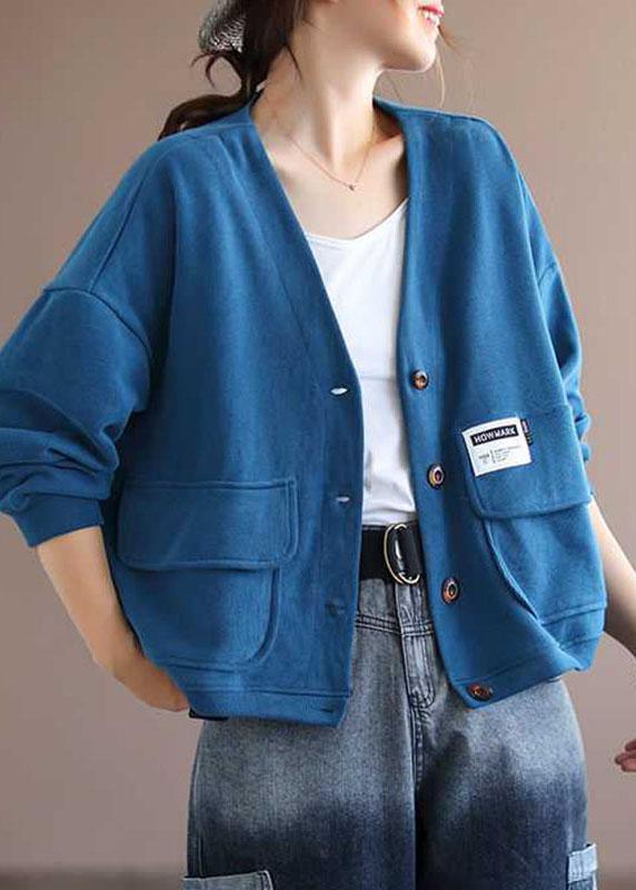 Art Blue V Neck Pockets Button Fall Long sleeve Coat - Omychic