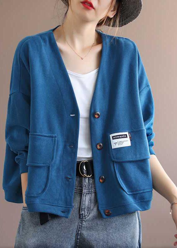 Art Blue V Neck Pockets Button Fall Long sleeve Coat - Omychic