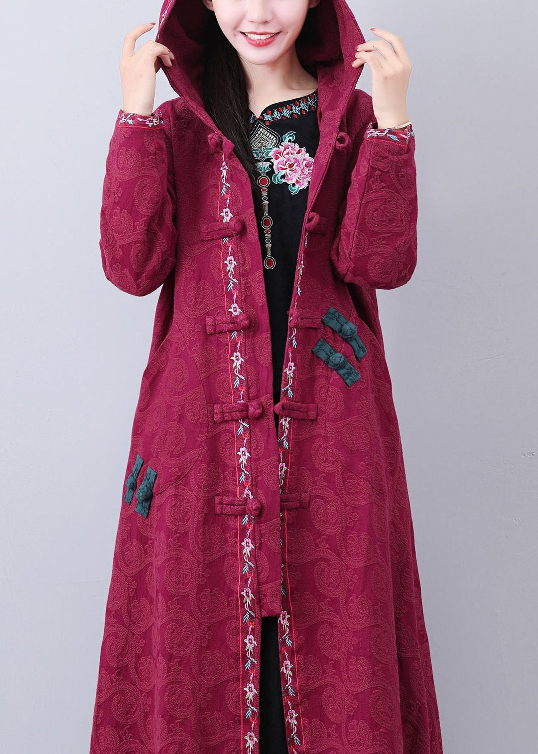 Art Brick Red Hooded Embroidered Jacquard Long Coat Fall