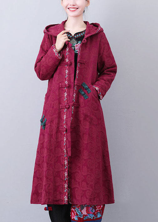 Art Brick Red Hooded Embroidered Jacquard Long Coat Fall