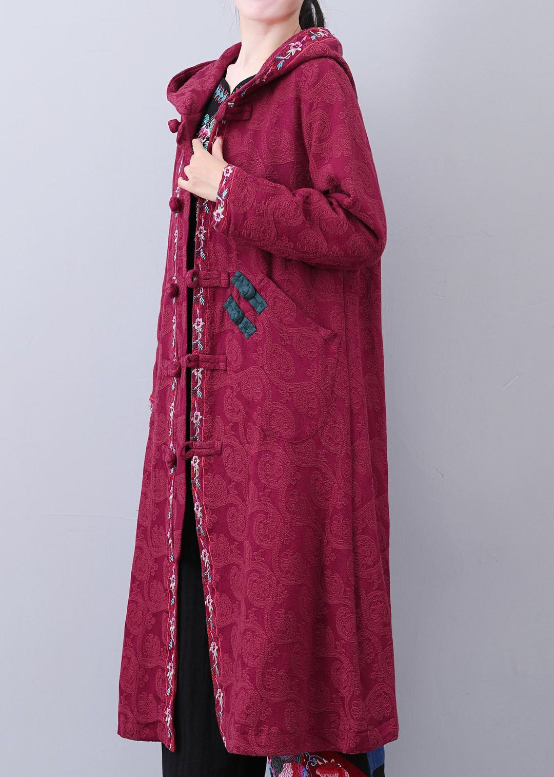 Art Brick Red Hooded Embroidered Jacquard Long Coat Fall