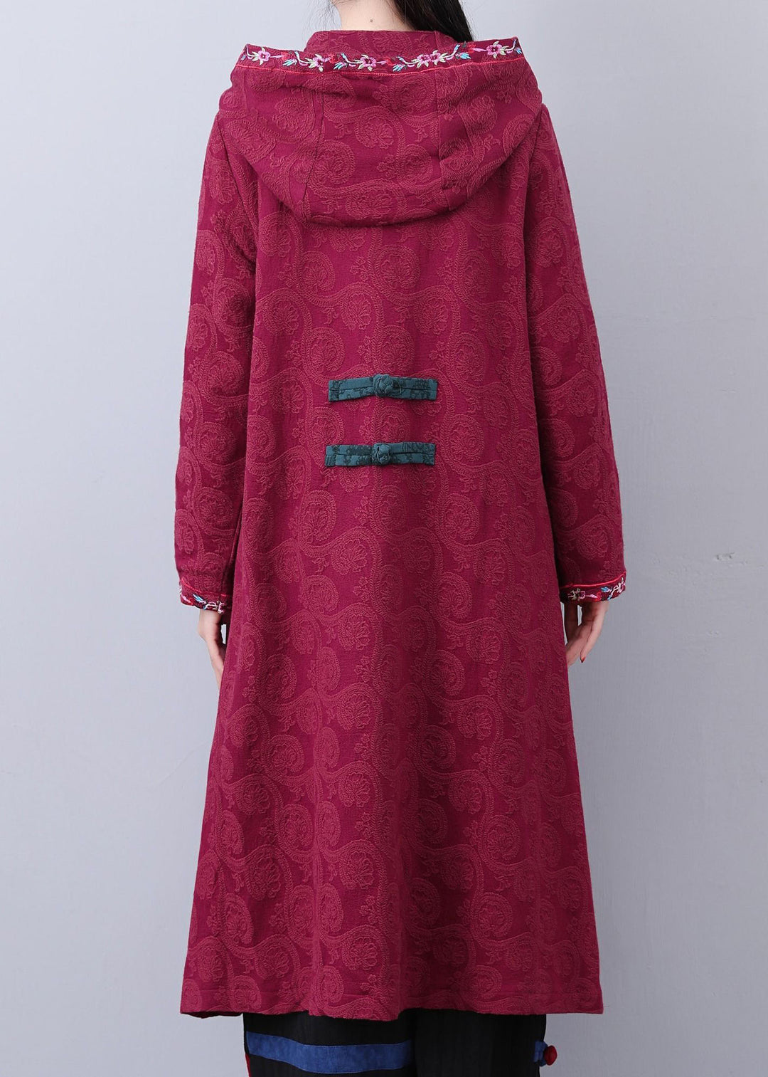 Art Brick Red Hooded Embroidered Jacquard Long Coat Fall