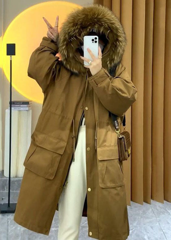 Art Caramel Raccoon Hair Collar Drawstring Pockets Womens Parka Winter